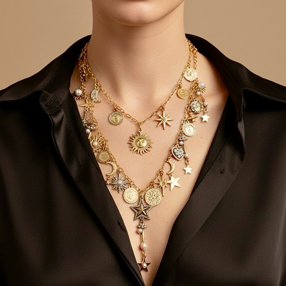 Layered Charm Necklace Gold Tone Sun Moon Star Boho Statement